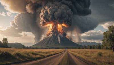 outdoors,sky,day,cloud,tree,no humans,cloudy sky,grass,fire,nature,scenery,forest,smoke,mountain,landscape,burning,blue sky,sunlight,field