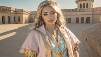 1girl,solo,long hair,breasts,looking at viewer,smile,blonde hair,dress,brown eyes,jewelry,upper body,short sleeves,hairband,earrings,outdoors,parted lips,sky,day,necklace,lips,blue dress,shadow,tiara,building,gem,curly hair,realistic,nose,white capelet,sunlight