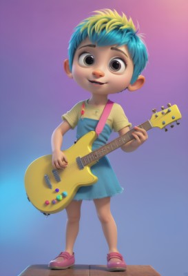 1girl,solo,looking at viewer,smile,short hair,open mouth,blonde hair,simple background,shirt,dress,holding,brown eyes,blue hair,standing,full body,short sleeves,multicolored hair,shoes,teeth,artist name,signature,black eyes,two-tone hair,gradient,gradient background,blue background,instrument,child,personification,purple background,yellow shirt,music,pink footwear,guitar,female child,overalls,playing instrument,holding instrument,electric guitar,plectrum,bangs,skirt,parted lips,green hair,blue skirt,grey eyes,watermark,t-shirt,web address