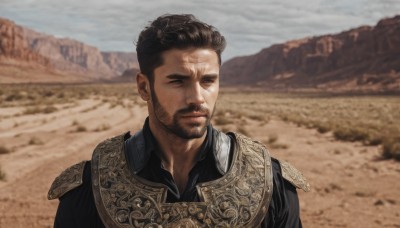 solo,looking at viewer,short hair,brown hair,shirt,black hair,1boy,brown eyes,closed mouth,upper body,male focus,outdoors,sky,day,armor,blurry,black eyes,looking to the side,black shirt,blurry background,facial hair,scar,portrait,beard,scar on face,mountain,realistic,mustache,manly,photo background,desert,chainmail,shoulder armor,pauldrons,sand,scar across eye,very short hair