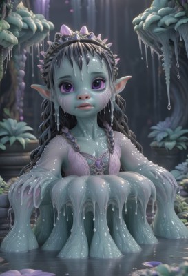 1girl,solo,long hair,breasts,looking at viewer,black hair,dress,very long hair,purple eyes,collarbone,braid,flower,small breasts,outdoors,parted lips,pointy ears,artist name,water,blurry,twin braids,lips,wet,depth of field,blurry background,colored skin,tiara,plant,monster girl,wet clothes,nature,forest,partially submerged,nose,wet hair,green skin,dripping,slime (substance),lily pad,pond,teeth,tree,leaf