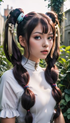 1girl,solo,long hair,breasts,looking at viewer,bangs,brown hair,shirt,black hair,hair ornament,dress,twintails,jewelry,green eyes,white shirt,upper body,braid,short sleeves,earrings,small breasts,outdoors,parted lips,teeth,day,artist name,signature,white dress,blurry,twin braids,lips,eyelashes,depth of field,blurry background,leaf,chinese clothes,plant,hair over shoulder,freckles,realistic,nose,red lips,sidelocks,sunlight,hair tie,stud earrings