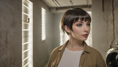 1girl,solo,short hair,bangs,brown hair,shirt,black hair,brown eyes,collarbone,jacket,white shirt,upper body,parted lips,open clothes,indoors,blurry,black eyes,open jacket,lips,looking to the side,grey eyes,looking away,brown jacket,realistic,nose,wall,leather,leather jacket,eyelashes,makeup,blurry background,portrait,red lips