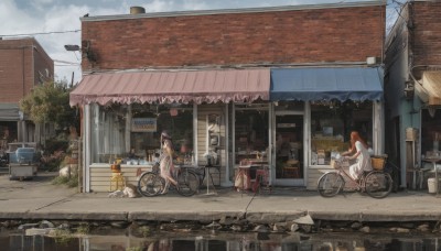 long hair,multiple girls,blonde hair,brown hair,hat,dress,2girls,sitting,very long hair,outdoors,food,sky,shoes,sleeveless,day,cloud,white dress,orange hair,tree,sleeveless dress,sandals,cat,ground vehicle,building,scenery,motor vehicle,car,road,house,wide shot,power lines,bicycle,shop,1girl,window,chair,plant,sign,basket,potted plant,bucket,lamppost,street,utility pole,wheelchair,bicycle basket,cart