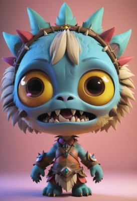 solo,looking at viewer,smile,open mouth,simple background,1boy,jewelry,standing,full body,yellow eyes,:d,male focus,teeth,gradient,mask,colored skin,pink background,sharp teeth,red background,claws,spikes,brown background,yordle,belt,necklace,chibi,no humans,helmet,gem,1other,arms at sides,tusks