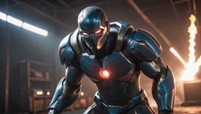 solo,red eyes,1boy,upper body,weapon,male focus,indoors,armor,blurry,glowing,helmet,glowing eyes,science fiction,power armor,power suit,looking at viewer,gun,hallway,arm blade