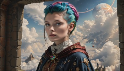 1girl,solo,looking at viewer,short hair,blue eyes,jewelry,blue hair,upper body,braid,multicolored hair,earrings,outdoors,parted lips,sky,day,cloud,two-tone hair,blue sky,lips,grey eyes,aqua hair,cloudy sky,brooch,scenery,realistic,nose,fantasy,planet,castle,arch,green hair,artist name,cape,moon