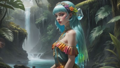 1girl,solo,long hair,breasts,looking at viewer,bangs,blue eyes,hair ornament,dress,bare shoulders,jewelry,very long hair,closed mouth,blue hair,upper body,flower,hairband,small breasts,outdoors,choker,hair flower,blunt bangs,water,necklace,off shoulder,from side,tree,lips,eyelashes,aqua hair,makeup,leaf,sunlight,plant,lipstick,nature,forest,nose,red lips,waterfall,blush,parted lips,shiny,artist name,shiny hair,watermark,gem,multicolored clothes,green dress,off-shoulder dress,multicolored dress,orange flower