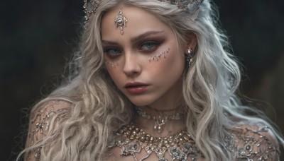 1girl,solo,long hair,looking at viewer,blue eyes,blonde hair,jewelry,closed mouth,white hair,earrings,parted lips,necklace,blurry,lips,grey eyes,eyelashes,makeup,blurry background,wavy hair,facial mark,tiara,gem,portrait,circlet,realistic,nose,red lips,gold,head chain,hair ornament,bare shoulders,upper body,grey hair,choker,artist name