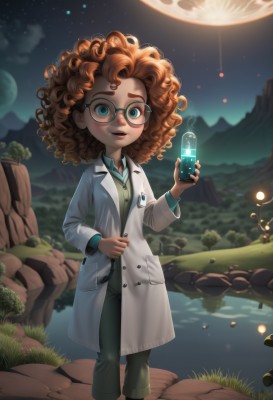 1girl,solo,long hair,looking at viewer,smile,blue eyes,brown hair,shirt,long sleeves,holding,green eyes,standing,outdoors,parted lips,sky,glasses,pants,dark skin,water,aqua eyes,dark-skinned female,cup,coat,night,watermark,moon,grass,star (sky),night sky,full moon,starry sky,backlighting,freckles,curly hair,rock,green shirt,labcoat,big hair,lake,test tube,vial,open mouth,orange hair,tree,lips,messy hair,thermometer