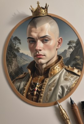 solo,looking at viewer,blue eyes,1boy,jewelry,closed mouth,upper body,grey hair,male focus,tree,lips,crown,portrait,gold trim,mountain,realistic,pen,bald,pencil,earrings,grey eyes,traditional media,cross,freckles,very short hair