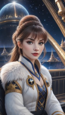 1girl,solo,long hair,breasts,looking at viewer,smile,brown hair,long sleeves,dress,cleavage,jewelry,medium breasts,upper body,braid,parted lips,sky,hair bun,lips,coat,grey eyes,fur trim,makeup,lipstick,star (sky),starry sky,realistic,red lips,space,planet,earth (planet),bangs,green eyes,ponytail,earrings,artist name,eyelashes,night,thick eyebrows,gem,night sky,fur collar,nose