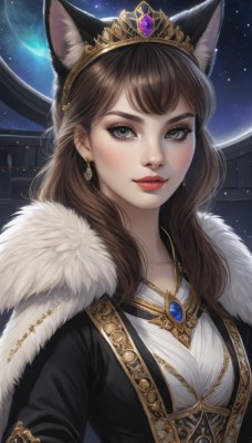 1girl,solo,long hair,breasts,looking at viewer,smile,bangs,brown hair,animal ears,jewelry,upper body,earrings,parted lips,sky,artist name,cat ears,signature,black eyes,lips,animal ear fluff,grey eyes,fur trim,eyelashes,makeup,night,tiara,crown,gem,star (sky),night sky,starry sky,red lips,diadem,brown eyes,closed mouth,necklace,cape,wolf ears,freckles,realistic,nose,fur cape