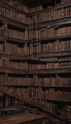 indoors,book,no humans,table,scenery,stairs,bookshelf,book stack,library,ceiling,ladder,brown theme,voile,solo,chair,wooden floor