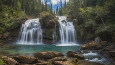 outdoors, sky, day, cloud, water, tree, blue sky, no humans, nature, scenery, forest, rock, river, waterfall