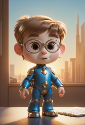 solo,looking at viewer,smile,short hair,open mouth,brown hair,1boy,brown eyes,standing,full body,male focus,outdoors,parted lips,glasses,teeth,indoors,armor,window,bodysuit,building,backlighting,city,round eyewear,arms at sides,male child,buck teeth,chibi,book,realistic