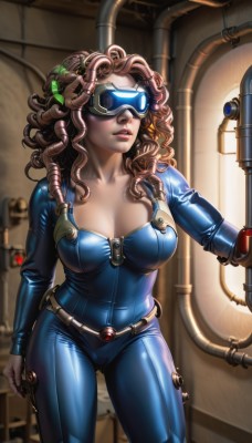 1girl,solo,long hair,breasts,large breasts,brown hair,hair ornament,cleavage,collarbone,cowboy shot,parted lips,belt,lips,bodysuit,makeup,leaf,watermark,lipstick,goggles,skin tight,curly hair,goggles on head,standing,ass visible through thighs,facing viewer,web address,realistic,cable,blue bodysuit