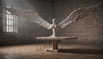 1girl,solo,long hair,dress,sitting,white hair,wings,indoors,white dress,window,sunlight,instrument,feathered wings,angel wings,wooden floor,music,white wings,angel,from behind,no humans,shadow,chair,scenery,light rays,fantasy,facing away,wall,spread wings,dust