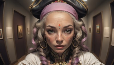 1girl,solo,long hair,looking at viewer,blonde hair,hat,jewelry,green eyes,pink hair,purple hair,braid,multicolored hair,earrings,parted lips,indoors,necklace,two-tone hair,dark-skinned female,lips,grey eyes,eyelashes,makeup,facial mark,drill hair,lipstick,portrait,forehead,hoop earrings,forehead mark,realistic,nose,door,red lips,multiple braids,closed mouth,black headwear,gem,freckles,pirate hat