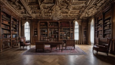 day,indoors,cup,book,no humans,window,chair,table,sunlight,bottle,curtains,instrument,scenery,light rays,wooden floor,stairs,bookshelf,lamp,candle,stool,shelf,book stack,library,carpet,candlestand,rug,cabinet,reflective floor,chandelier,globe,wooden chair,desk