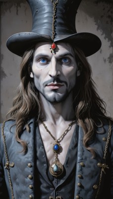 solo,long hair,blue eyes,brown hair,1boy,hat,jewelry,closed mouth,collarbone,upper body,male focus,open clothes,necklace,vest,lips,black headwear,witch hat,buttons,facial hair,chain,looking up,gem,beard,pendant,mustache,looking at viewer,belt,pale skin,realistic,goatee