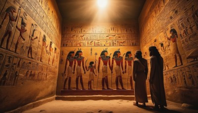 black hair,1boy,hat,standing,male focus,multiple boys,indoors,hood,2boys,from behind,mask,sunlight,scenery,cloak,robe,stairs,shop,cape,coat,wide shot