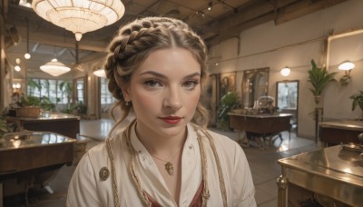 1girl,solo,looking at viewer,short hair,brown hair,shirt,brown eyes,jewelry,closed mouth,white shirt,upper body,braid,day,indoors,necklace,lips,eyelashes,window,makeup,chair,table,sunlight,plant,lipstick,portrait,forehead,realistic,nose,red lips,potted plant,lamp,crown braid,ceiling,ceiling light,chandelier,solo focus,blurry,freckles