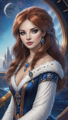 1girl,solo,long hair,breasts,looking at viewer,brown hair,hair ornament,long sleeves,dress,cleavage,bare shoulders,brown eyes,jewelry,medium breasts,upper body,braid,earrings,sky,necklace,off shoulder,lips,fur trim,makeup,night,blue dress,wavy hair,moon,lipstick,gem,star (sky),night sky,french braid,full moon,starry sky,freckles,nose,red lips,eyelashes,eyeshadow,realistic,castle