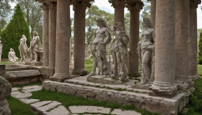 outdoors,sky,day,tree,no humans,grass,nature,scenery,ruins,pillar,statue,column,1boy,standing,weapon,male focus,multiple boys,sword,cloud,blue sky,hand on hip,muscular,sunlight,muscular male,bush,stone