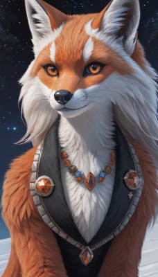 solo,looking at viewer,jewelry,upper body,outdoors,sky,artist name,signature,necklace,orange eyes,no humans,night,animal,gem,star (sky),night sky,starry sky,freckles,realistic,animal focus,fox,fluffy,orange fur,brown eyes,closed mouth,star (symbol),vest,watermark,white fur,badge