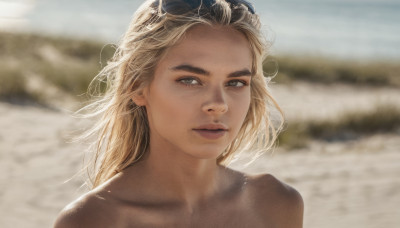 1girl, solo, long hair, looking at viewer, blonde hair, collarbone, upper body, nude, outdoors, day, blurry, lips, grey eyes, depth of field, blurry background, beach, sunglasses, portrait, eyewear on head, realistic