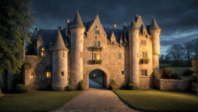 HQ,outdoors,sky,cloud,tree,no humans,window,night,cloudy sky,grass,building,nature,night sky,scenery,forest,road,house,lamppost,castle,tower,path,church,plant,fantasy,door,bush,bridge,arch