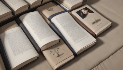 1girl,solo,brown hair,closed mouth,closed eyes,indoors,book,no humans,shadow,leaf,from above,plant,open book,photo (object),still life,looking at viewer,brown eyes