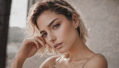 1girl,solo,looking at viewer,short hair,brown hair,bare shoulders,jewelry,collarbone,upper body,earrings,parted lips,hand up,blurry,lips,grey eyes,eyelashes,blurry background,portrait,freckles,realistic,stud earrings,blue eyes,teeth,signature,head tilt,thick eyebrows,spaghetti strap