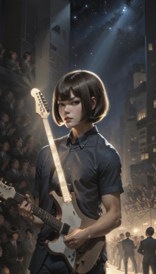 1girl,looking at viewer,short hair,bangs,multiple girls,brown hair,shirt,black hair,holding,brown eyes,standing,short sleeves,cowboy shot,outdoors,parted lips,multiple boys,necktie,sky,solo focus,collared shirt,pants,blunt bangs,black eyes,lips,black shirt,dress shirt,muscular,night,6+girls,black pants,formal,bob cut,suit,blue shirt,wing collar,building,instrument,star (sky),night sky,starry sky,6+boys,veins,city,realistic,nose,music,guitar,red lips,playing instrument,holding instrument,electric guitar,crowd,people,concert,police,polo shirt