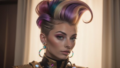 1girl,solo,looking at viewer,short hair,blonde hair,jewelry,green eyes,purple hair,multicolored hair,earrings,parted lips,dark skin,blurry,two-tone hair,dark-skinned female,lips,streaked hair,eyelashes,makeup,blurry background,facial mark,piercing,lipstick,curtains,gem,portrait,eyeshadow,realistic,nose,eyeliner,mascara,closed mouth,artist name,hair bun,backlighting,freckles,undercut,nose piercing