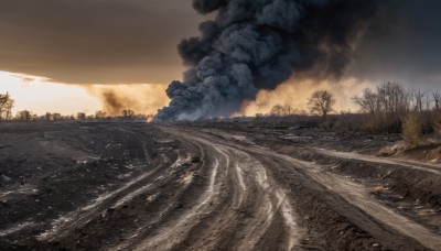 outdoors,sky,cloud,water,tree,no humans,ocean,beach,cloudy sky,fire,building,scenery,smoke,sunset,city,sand,road,cityscape,explosion,river,waves,shore,grass,nature,forest,burning