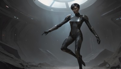 1girl,solo,breasts,short hair,black hair,gloves,medium breasts,closed mouth,standing,full body,boots,indoors,dark skin,armor,high heels,dark-skinned female,lips,bodysuit,science fiction,black bodysuit,very short hair,undercut,very dark skin,small breasts,space