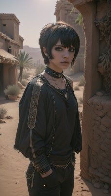 1girl,solo,breasts,looking at viewer,short hair,bangs,shirt,black hair,long sleeves,brown eyes,jewelry,standing,collarbone,jacket,cowboy shot,earrings,outdoors,parted lips,choker,day,pants,necklace,mole,black eyes,collar,bracelet,tree,lips,black jacket,black shirt,mole under eye,chain,black choker,black pants,piercing,cross,plant,building,ear piercing,freckles,nose,hands in pockets,very short hair,tomboy,desert,cactus,small breasts,sky,hood,blurry,makeup,sunlight,blue shirt,denim,lipstick,hand in pocket,jeans,realistic,v-neck,mascara