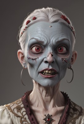 1girl,solo,looking at viewer,open mouth,simple background,hair ornament,red eyes,jewelry,collarbone,white hair,earrings,parted lips,teeth,grey background,necklace,lips,makeup,colored skin,lipstick,portrait,veins,realistic,nose,red lips,stitches,horror (theme),old woman,wrinkled skin,short hair,flower,blood,black background,clenched teeth,gem,pale skin,extra eyes