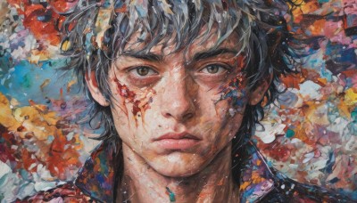 solo,looking at viewer,short hair,bangs,shirt,black hair,1boy,brown eyes,closed mouth,grey hair,male focus,collared shirt,black eyes,lips,blood,traditional media,expressionless,portrait,realistic,nose,leaf,autumn leaves,straight-on,colorful