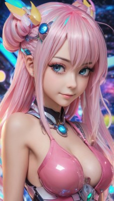 1girl,solo,long hair,breasts,looking at viewer,smile,bangs,blue eyes,hair ornament,cleavage,bare shoulders,jewelry,medium breasts,closed mouth,upper body,pink hair,earrings,shiny,hair bun,lips,eyelashes,double bun,makeup,nose,stud earrings,sidelocks,aqua eyes,detached collar,eyeshadow,pink lips,realistic