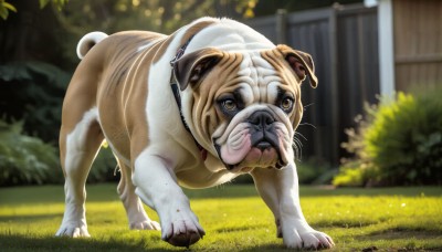 HQ,solo,full body,yellow eyes,outdoors,day,blurry,tree,no humans,depth of field,blurry background,animal,grass,nature,dog,realistic,animal focus,tiger,lion,looking at viewer,brown eyes,standing,collar,plant,bush,puppy