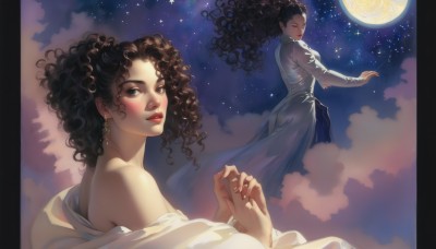 1girl,long hair,looking at viewer,brown hair,black hair,long sleeves,dress,bare shoulders,brown eyes,jewelry,closed eyes,earrings,parted lips,sky,cloud,dark skin,off shoulder,star (symbol),white dress,dark-skinned female,lips,see-through,multiple views,night,moon,cloudy sky,lipstick,star (sky),night sky,full moon,starry sky,curly hair,long dress,red lips,solo,from side,makeup,nose