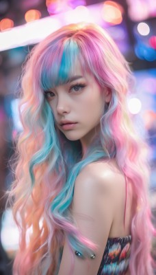 1girl,solo,long hair,looking at viewer,bangs,blue eyes,bare shoulders,brown eyes,closed mouth,blue hair,upper body,pink hair,multicolored hair,artist name,blurry,from side,two-tone hair,lips,grey eyes,eyelashes,aqua hair,makeup,depth of field,blurry background,watermark,wavy hair,realistic,nose,bokeh,gradient hair,web address