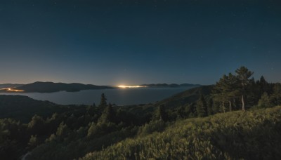 outdoors,sky,cloud,water,tree,no humans,night,grass,star (sky),nature,night sky,scenery,forest,starry sky,sunset,mountain,sun,horizon,landscape,mountainous horizon,sunrise,hill,ocean