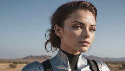 1girl,solo,short hair,brown hair,brown eyes,closed mouth,outdoors,sky,day,armor,blurry,blue sky,lips,looking to the side,bodysuit,blurry background,portrait,freckles,science fiction,realistic,sunlight,close-up,nose,looking afar,desert