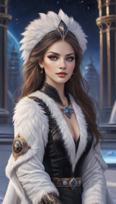 1girl,solo,long hair,breasts,looking at viewer,large breasts,brown hair,long sleeves,hat,dress,cleavage,brown eyes,jewelry,medium breasts,upper body,earrings,outdoors,parted lips,sky,belt,necklace,blurry,black dress,lips,coat,grey eyes,fur trim,makeup,night,blurry background,lipstick,gem,star (sky),night sky,pendant,starry sky,red lips,fur hat,wavy hair,feathers,eyeshadow,realistic,white coat