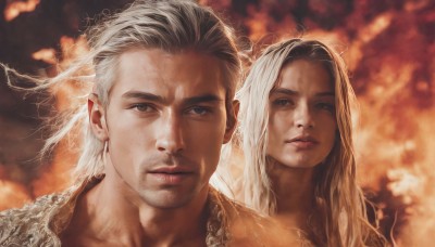 1girl,long hair,looking at viewer,short hair,blonde hair,1boy,closed mouth,white hair,blurry,lips,grey eyes,facial hair,siblings,fire,portrait,beard,realistic,brother and sister,manly,brown eyes,grey hair,blurry background,scar,scar on face,stubble