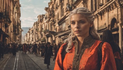 1girl,long hair,looking at viewer,dress,brown eyes,jewelry,upper body,braid,white hair,grey hair,outdoors,parted lips,multiple boys,sky,solo focus,day,cloud,blue sky,lips,chinese clothes,red dress,building,scenery,6+boys,robe,city,realistic,road,multiple others,street,crowd,people,6+others,blue eyes,multiple girls,earrings,bag,blurry,scar,backpack,scar on face,architecture,arch,pavement,real world location,vanishing point